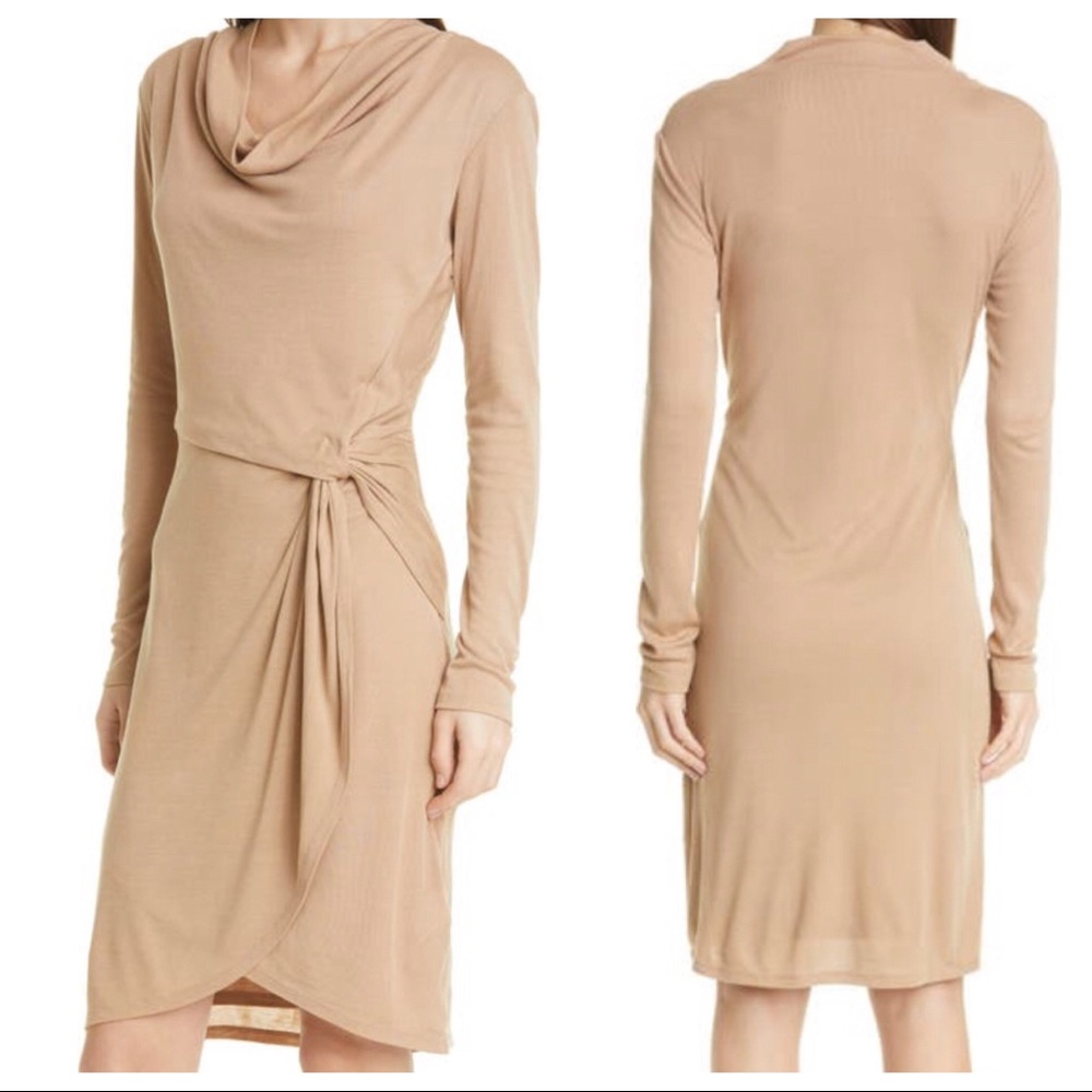 NWT TED BAKER Neyda Jersey Drape Camel Tan Brown Long Sleeve Dress